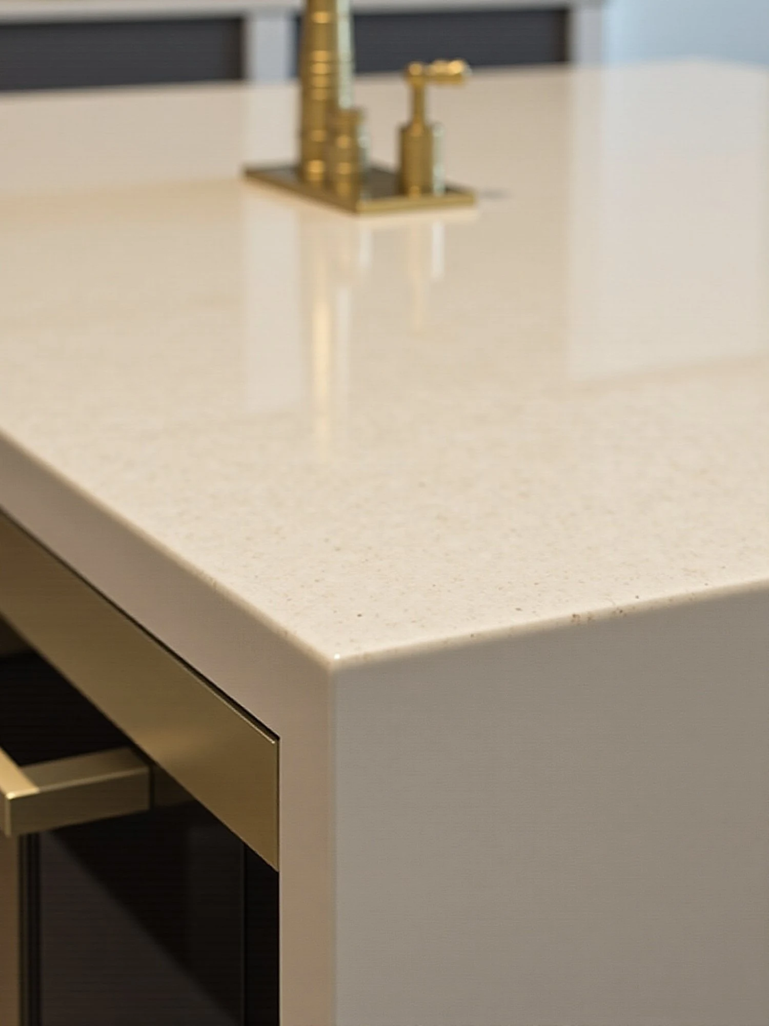 Quartz countertop with brass hardware