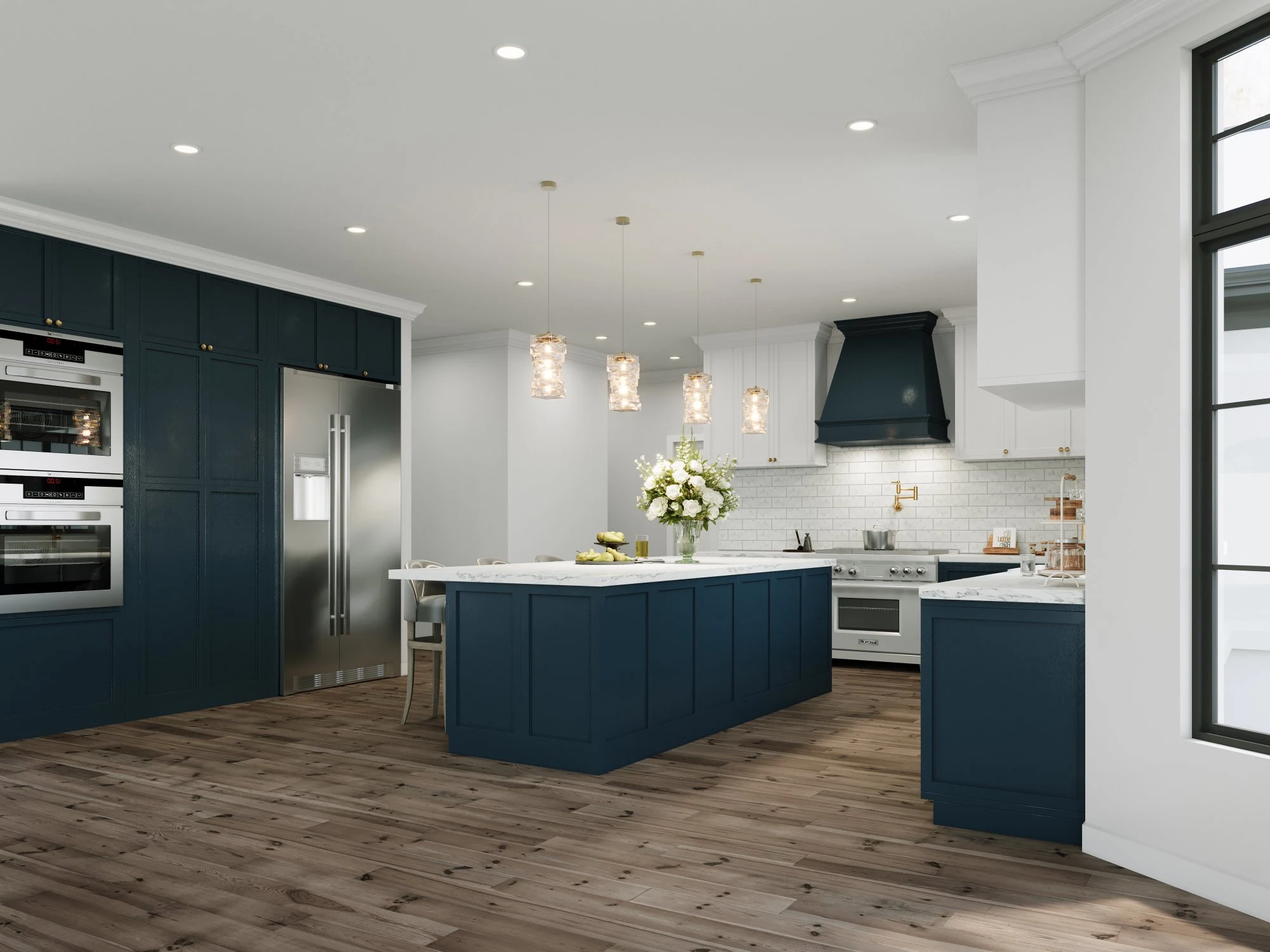 The Princeton - navy blue chef kitchen render, luxury new build Princeton NJ