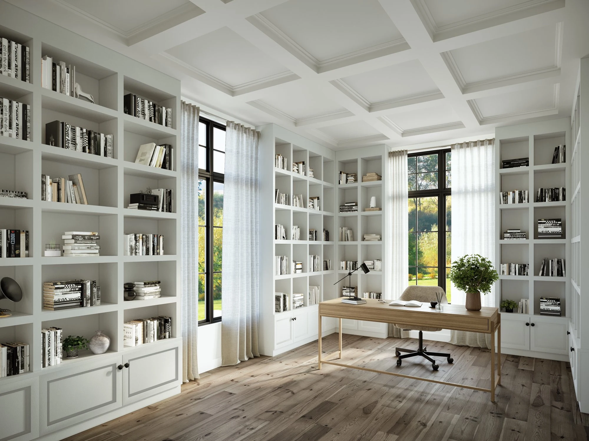 The Princeton - coffered library with built-in shelving, custom home NJ